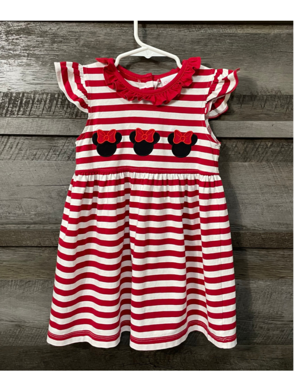 Stitchy Fish Girls Red White Striped Ruffle Minnie Mouse Applique Dress 2T